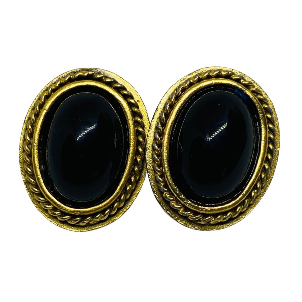 YSL Vintage Black Oval Cabochon Ear Studs